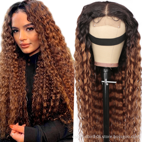 1b30 curly Ombre lace front Human virgin Hair Wig malaysian hair water wave closure 4*4 Ombre hd lace Closure Wig